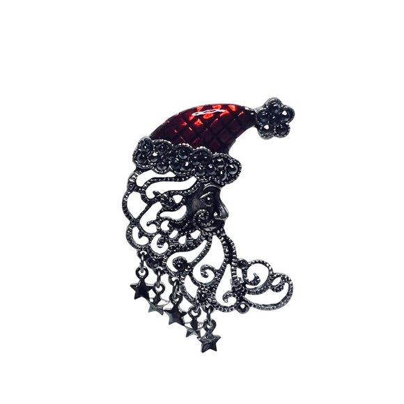 Jewelry - Silver Tone Santa Claus Brooch With Red Enamel Hat And Dangling Stars (6203)